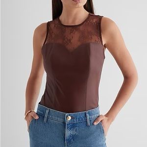 NWT Express Body Contour High Neck Faux Leather Lace Bodysuit
